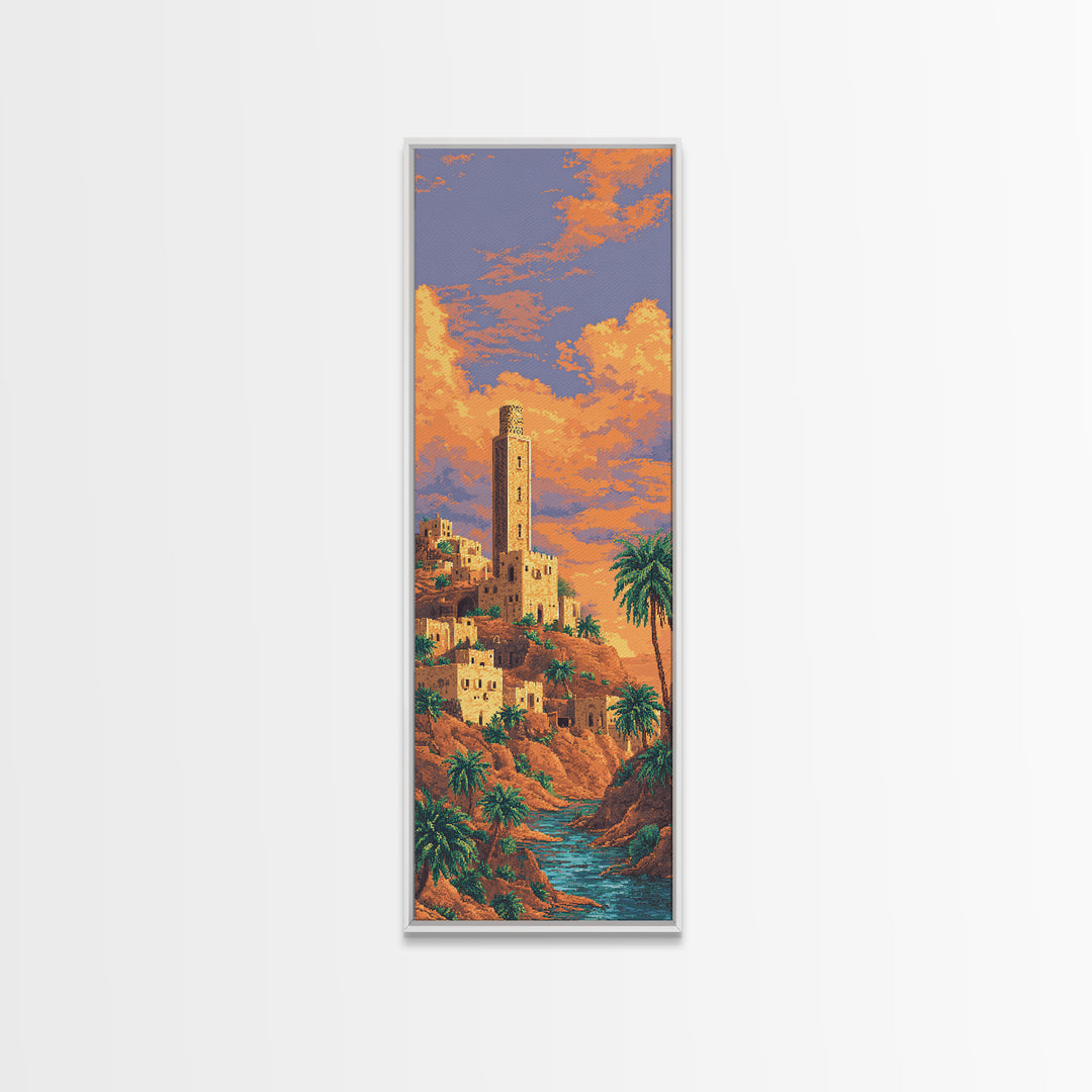 Sunset Desert Tower Oasis Canvas Print, African Landscape Wall Decor, Moroccan Travel Poster, Palm Tree Boho Home Decor Gift