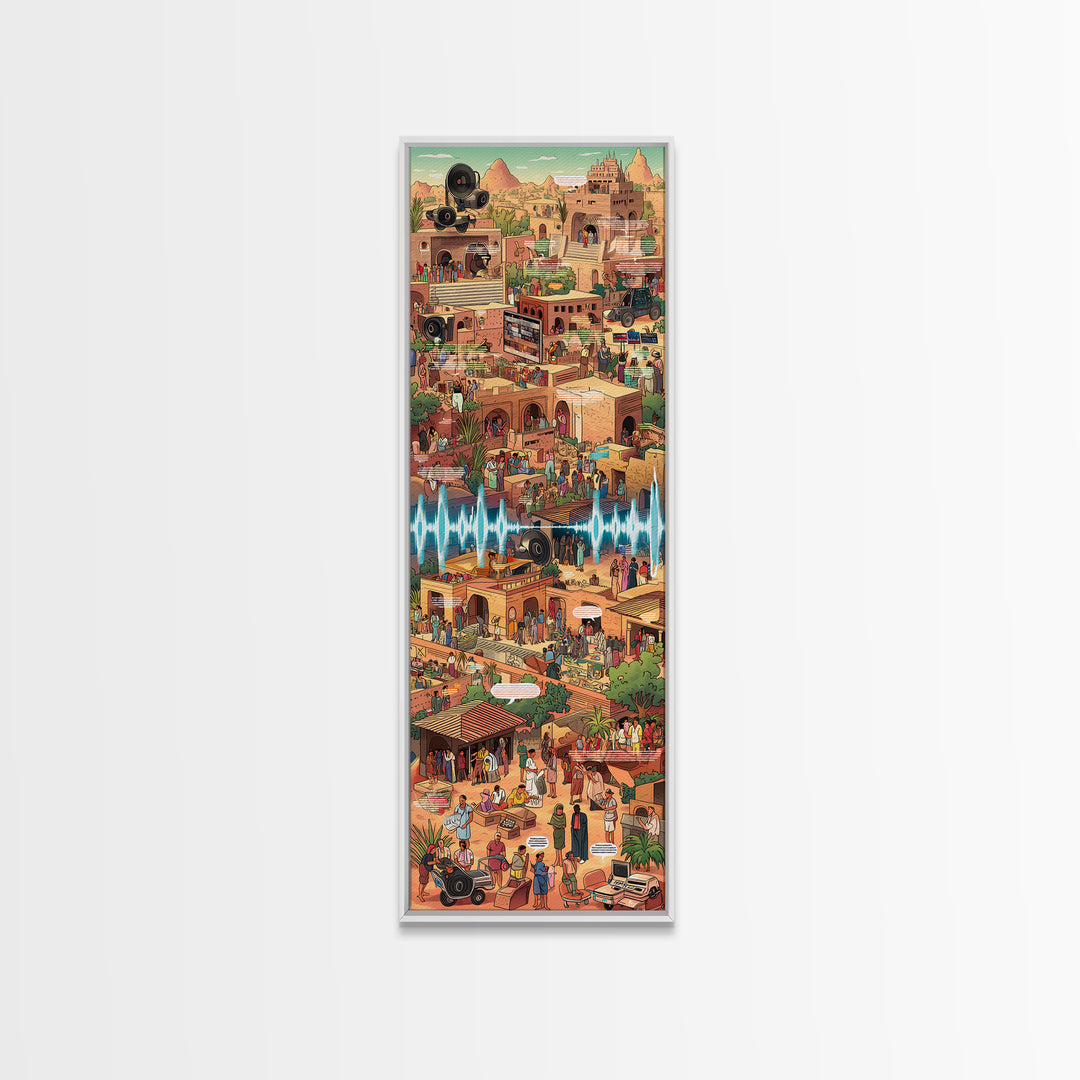 Bustling African Market City Wall Art, Pixel Style Cultural Canvas Decor, Afrocentric Travel Poster, Vibrant Statement Print