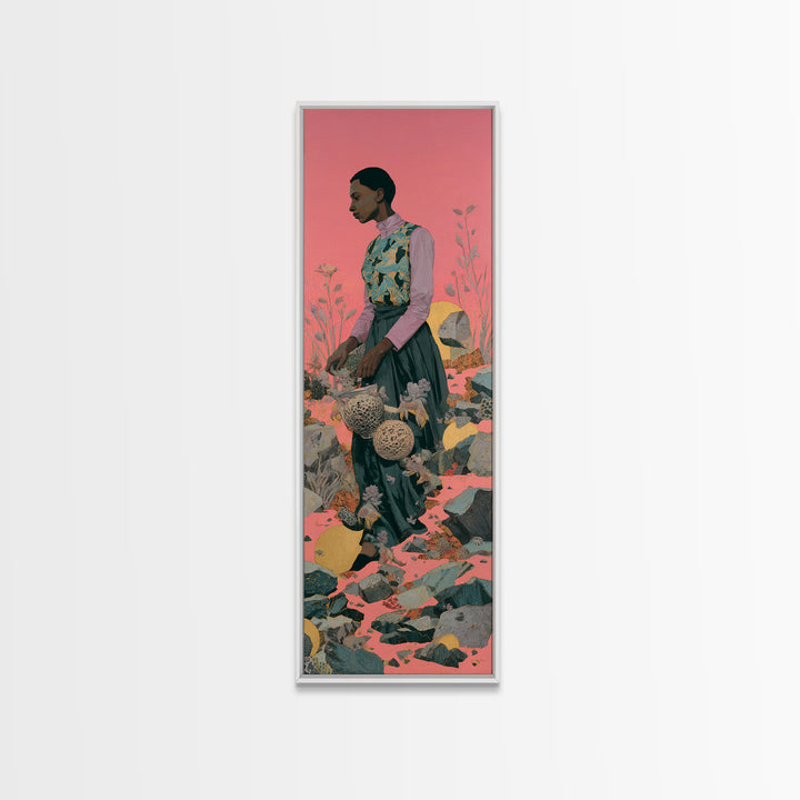 Elegant Black Woman In Floral Garden Framed Canvas Print, African Woman Art, Feminine Wall Decor, Melanin Portrait Gift For Her