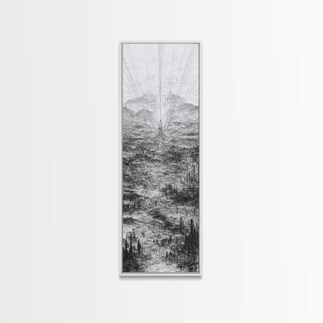 Monochrome Futuristic City Spire Canvas Print, Abstract Urban Architecture Wall Decor, Minimalist Black And White Art Poster