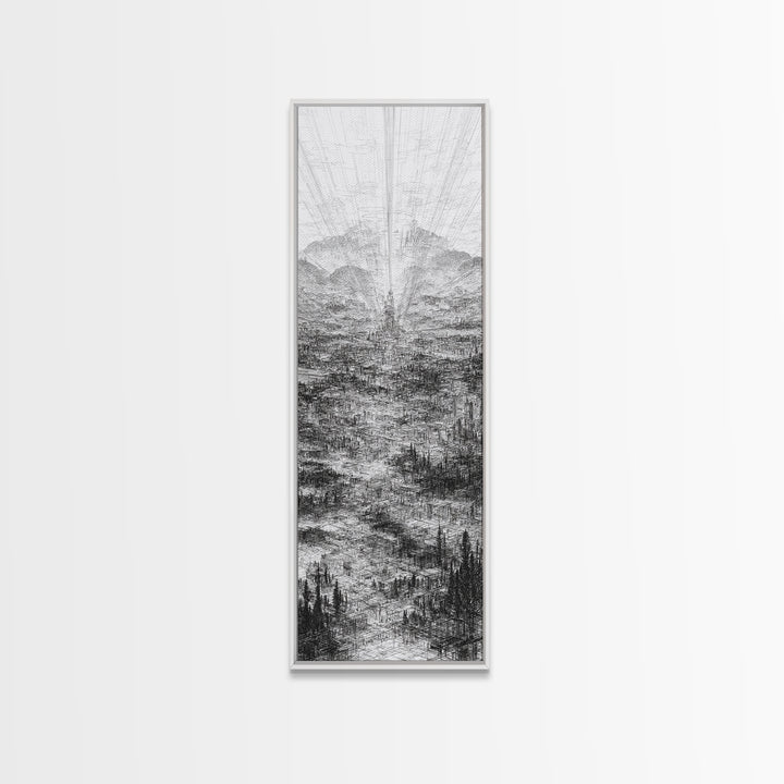 Monochrome Futuristic City Spire Canvas Print, Abstract Urban Architecture Wall Decor, Minimalist Black And White Art Poster