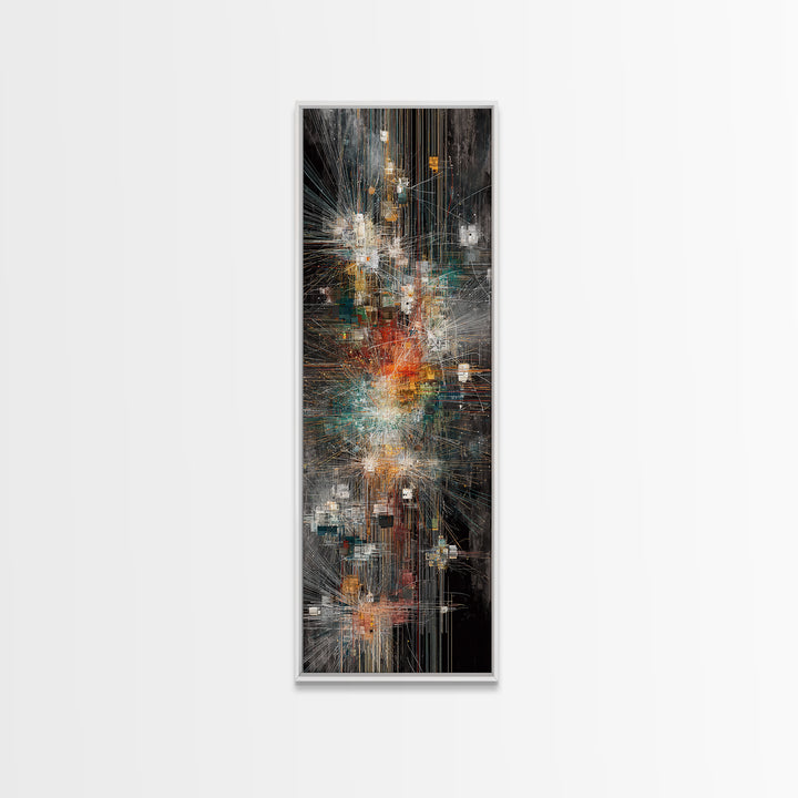 Dark Futuristic City Lights Framed Canvas Print, Abstract Urban Wall Art, Modern Black Gold Teal Statement Decor For Living Room