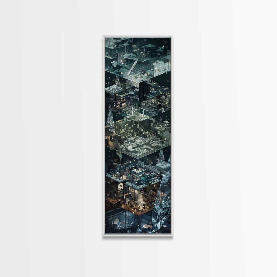 Floating Crystal Interior Architecture Wall Art, Futuristic Isometric Rooms Print, Modern Blue Gray Sci Fi Home Decor Gift
