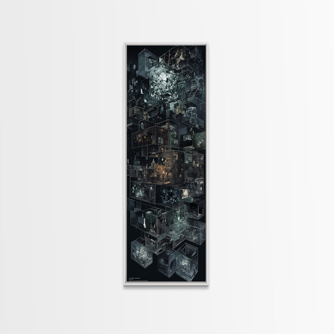 Dark Isometric Cyberpunk City Blocks Canvas Print, Futuristic Architecture Wall Decor, Modern Black Sci Fi Art Poster Gift