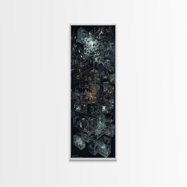 Dark Isometric Cyberpunk City Blocks Canvas Print, Futuristic Architecture Wall Decor, Modern Black Sci Fi Art Poster Gift