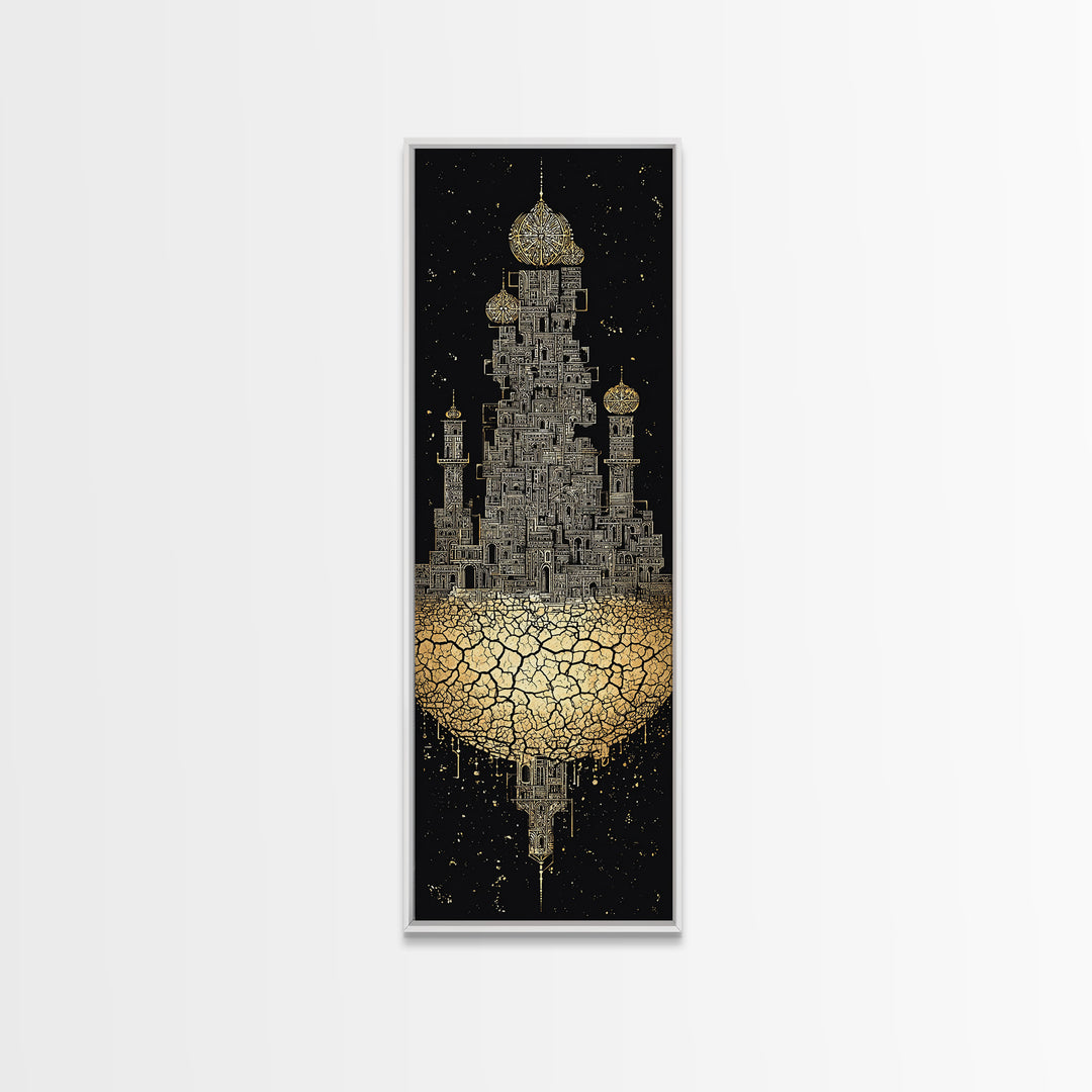 Golden Floating Afro Futurist Castle, Black And Gold African Wall Art, Luxury Canvas Print, Statement Home Decor Gift For Living Room