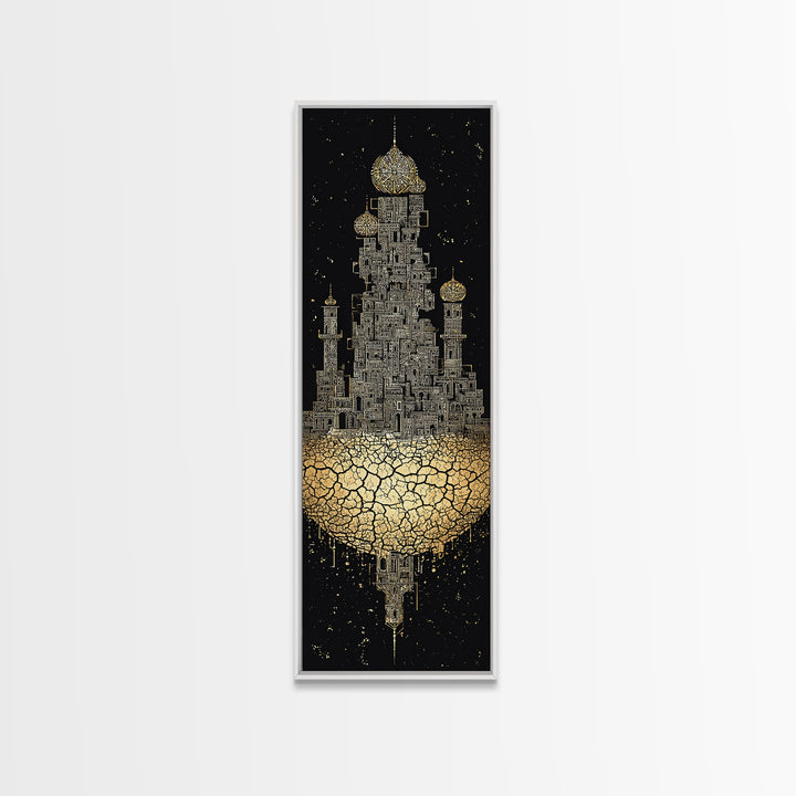 Golden Floating Afro Futurist Castle, Black And Gold African Wall Art, Luxury Canvas Print, Statement Home Decor Gift For Living Room