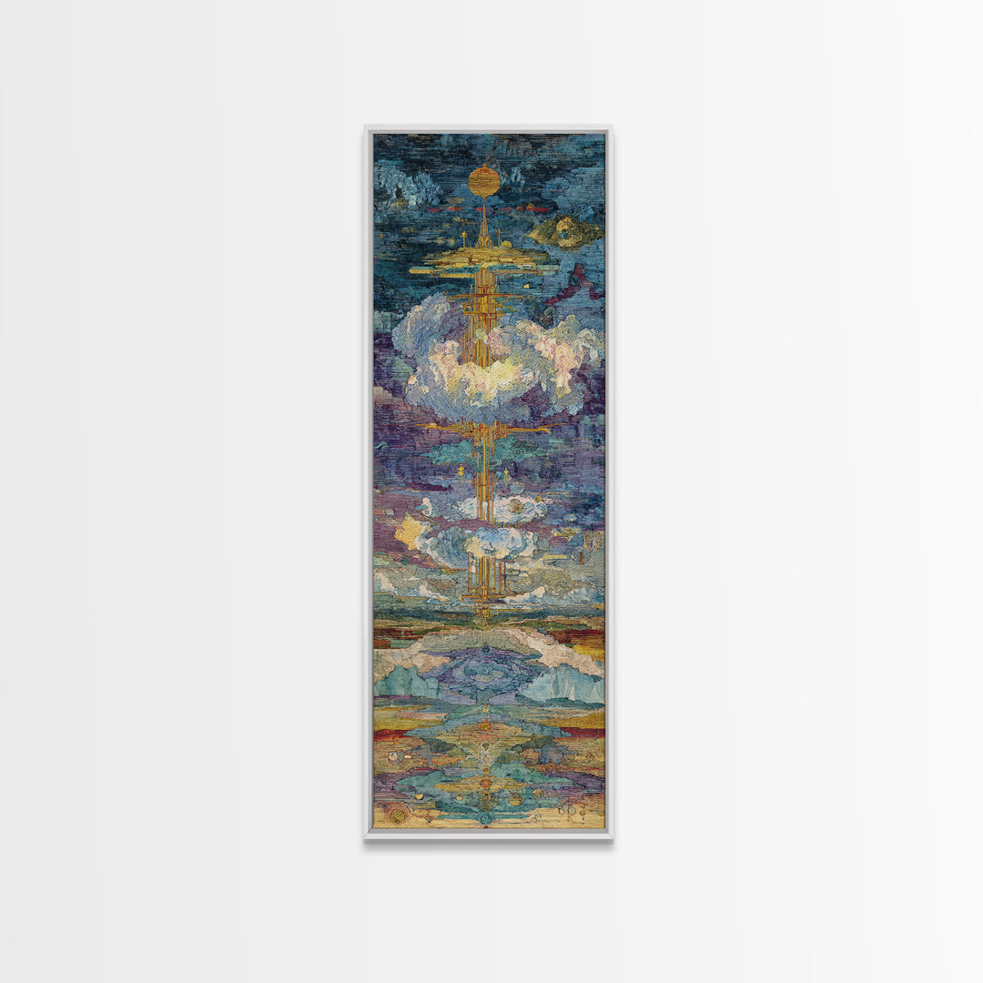 Floating Golden Temple In Clouds Wall Art, Mystical Landscape Art Print, Blue Gold Statement Decor, Modern Canvas Art Gift