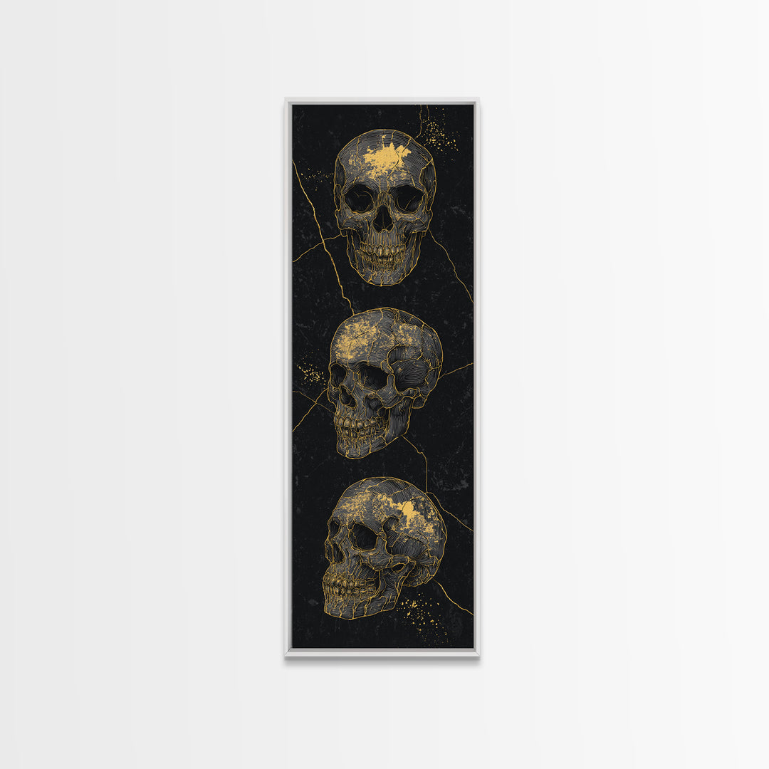 Three Gold Skulls On Black Canvas Print, Gothic Anatomy Wall Art, Dark Luxury Decor, Macabre Statement Gift For Him Home Decor