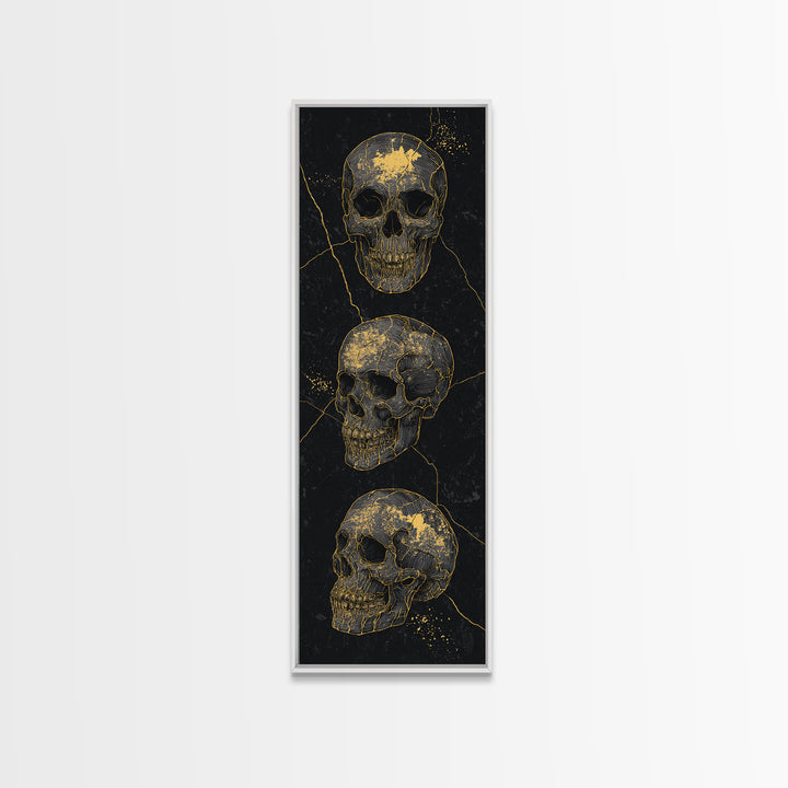 Three Gold Skulls On Black Canvas Print, Gothic Anatomy Wall Art, Dark Luxury Decor, Macabre Statement Gift For Him Home Decor