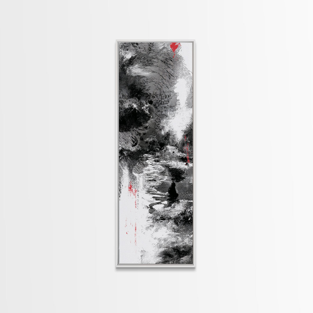Black And White Abstract River Figure Wall Art, African Abstract Painting, Modern Ink Texture Decor With Red Accents Fine Art Print