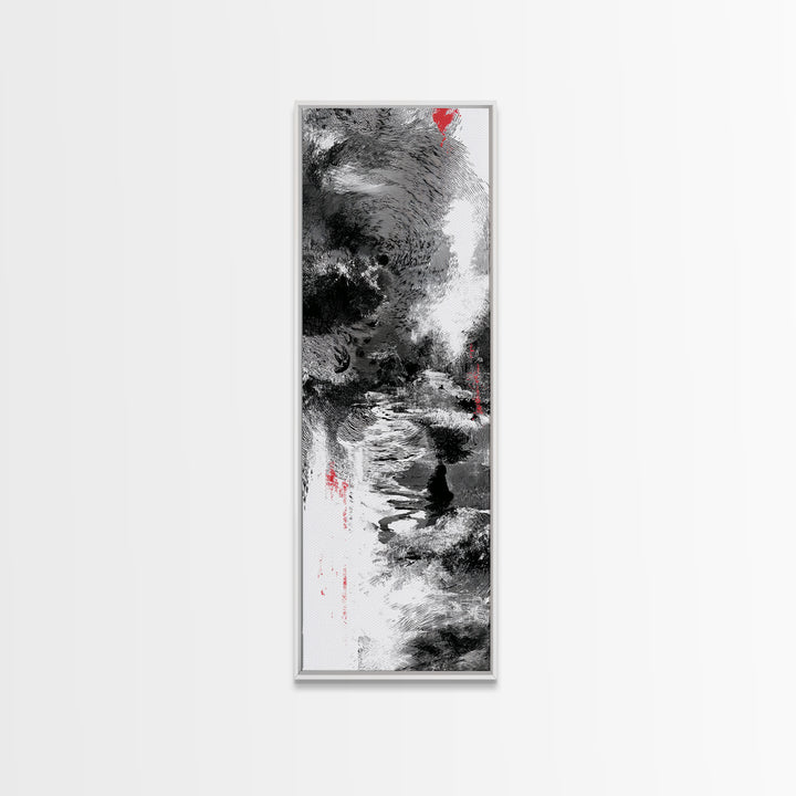 Black And White Abstract River Figure Wall Art, African Abstract Painting, Modern Ink Texture Decor With Red Accents Fine Art Print