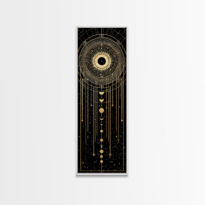 Golden Celestial Eye And Moon Phases Wall Art, African Inspired Spiritual Wall Decor, Mystical Black Gold Canvas Print Gift
