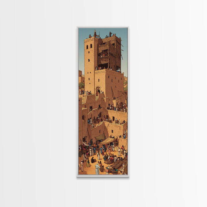 Desert Market Tower And Adobe City Wall Art, African Travel Poster, Moroccan Inspired Cultural Wall Decor, Warm Earth Tone Gift