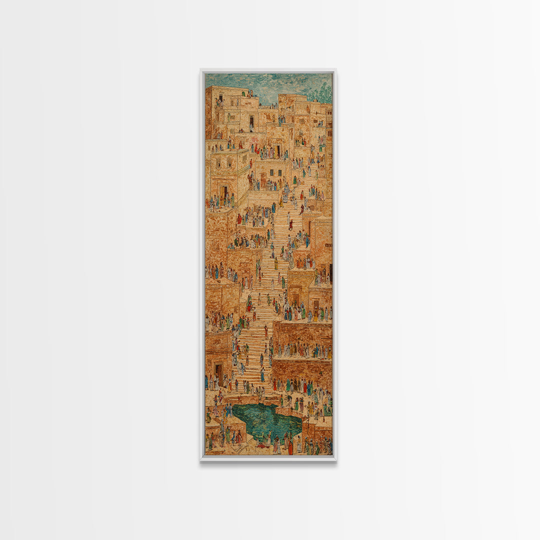 Ancient African Stairway Market Wall Art, Desert Cityscape Canvas Print, Terracotta Cultural Decor, Historic Village Artwork