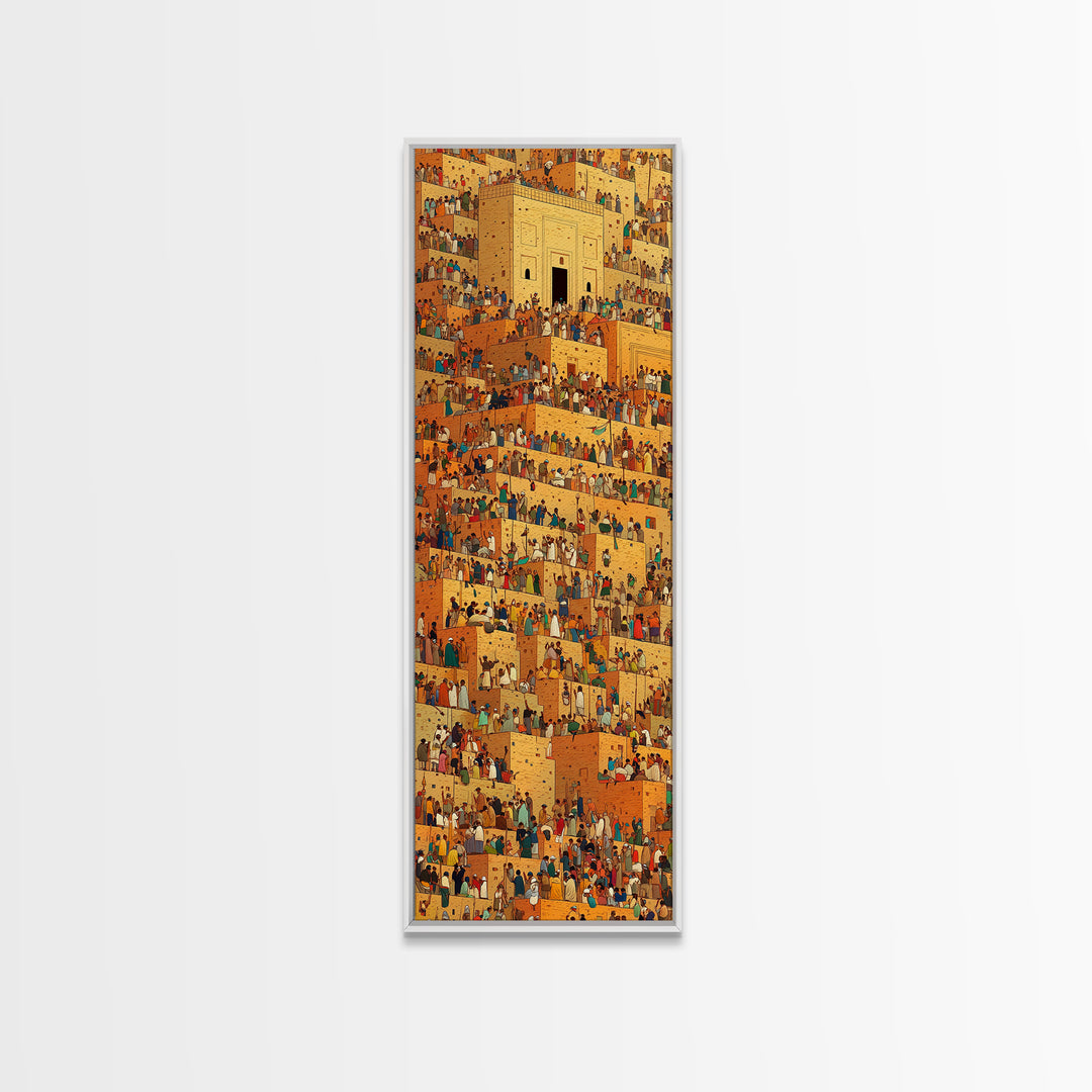 Golden African City Stairs Wall Art, Mud Brick Village Canvas Print, Busy Market Scene, Cultural Home Decor Artwork Poster