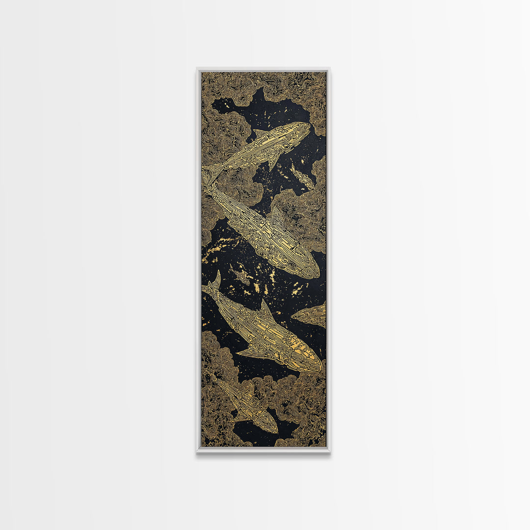 Golden Koi Fish On Black Abstract Wall Art, Luxury Canvas Print, Asian Inspired Decor, Textured Black And Gold Artwork Print