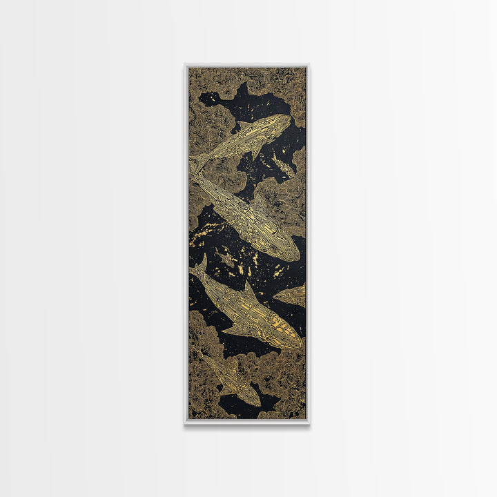 Golden Koi Fish On Black Abstract Wall Art, Luxury Canvas Print, Asian Inspired Decor, Textured Black And Gold Artwork Print