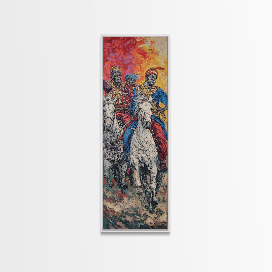 Three African Royal Horsemen On White Horses Canvas Print, Afrocentric Wall Art, African Warrior Art, Cultural Home Decor