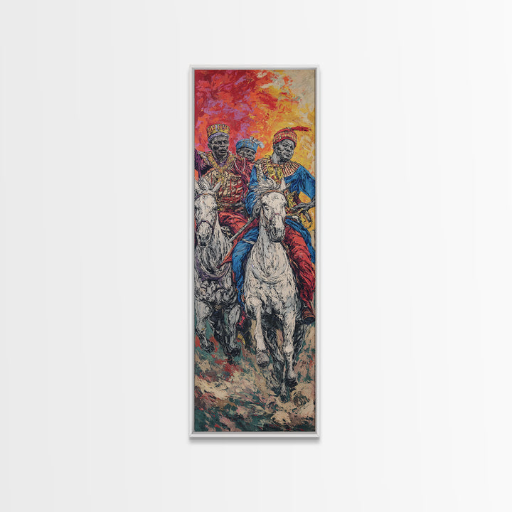 Three African Royal Horsemen On White Horses Canvas Print, Afrocentric Wall Art, African Warrior Art, Cultural Home Decor