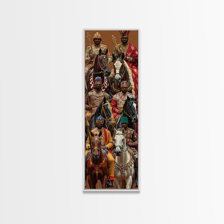 Ornate African Kings Riding Horses Framed Canvas Print, African Portrait, African Warrior Art, Afrocentric Decor, Cultural Wall Art
