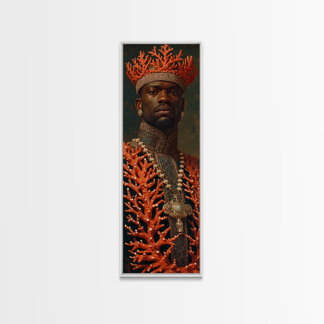 Black King In Coral Crown Portrait Canvas Print, African Portrait Art, Black Man Wall Art, Gold Jewelry Canvas, Luxury Decor