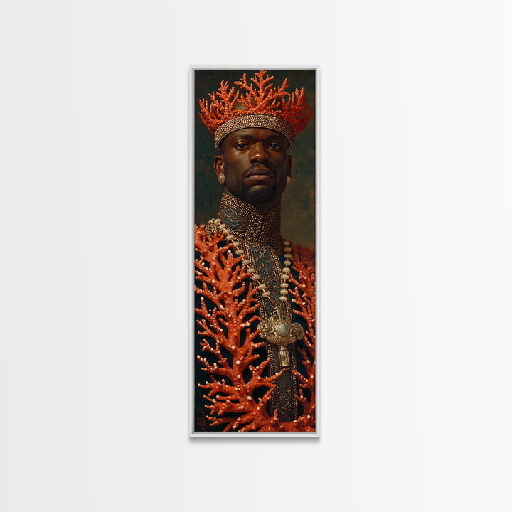 Black King In Coral Crown Portrait Canvas Print, African Portrait Art, Black Man Wall Art, Gold Jewelry Canvas, Luxury Decor