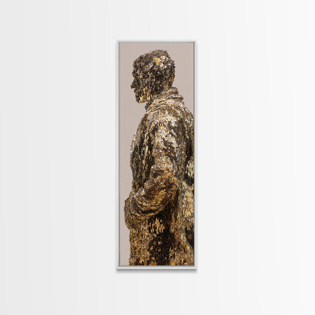 Shimmering Gold Male Figure Framed Canvas Print, Modern African Art, Abstract Portrait Wall Art, Luxury Black Art Decor Gift