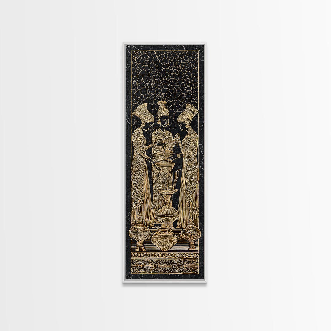 Golden African Women Ritual Wall Art, Ancient Egyptian Inspired Black Gold Canvas, Afrocentric Decor, Tribal Ceremony Print