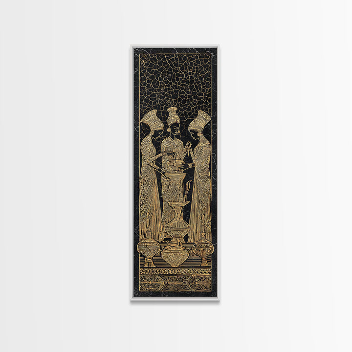 Golden African Women Ritual Wall Art, Ancient Egyptian Inspired Black Gold Canvas, Afrocentric Decor, Tribal Ceremony Print