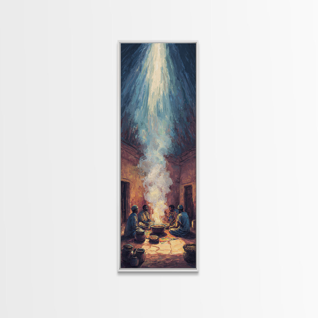 African Gathering With Sacred Steam Canvas Print, Ceremonial Light, Afrocentric Wall Decor, Spiritual Tribal Room Artwork
