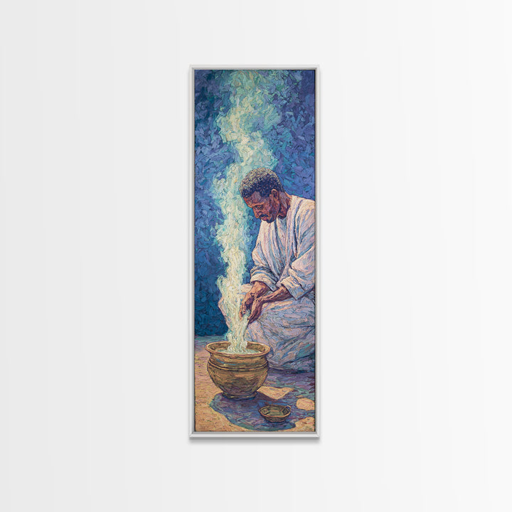 African Man Pouring Water Framed Canvas Print, Blue Spiritual Portrait Wall Decor, Afrocentric Culture Art For Living Room