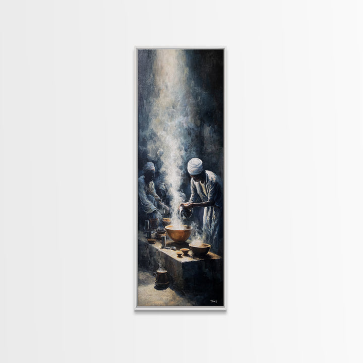 African Steam Ritual Wall Art, Dark Ceremonial Canvas, Men In White Headwraps, Afrocentric Tribal Decor, Spiritual Print