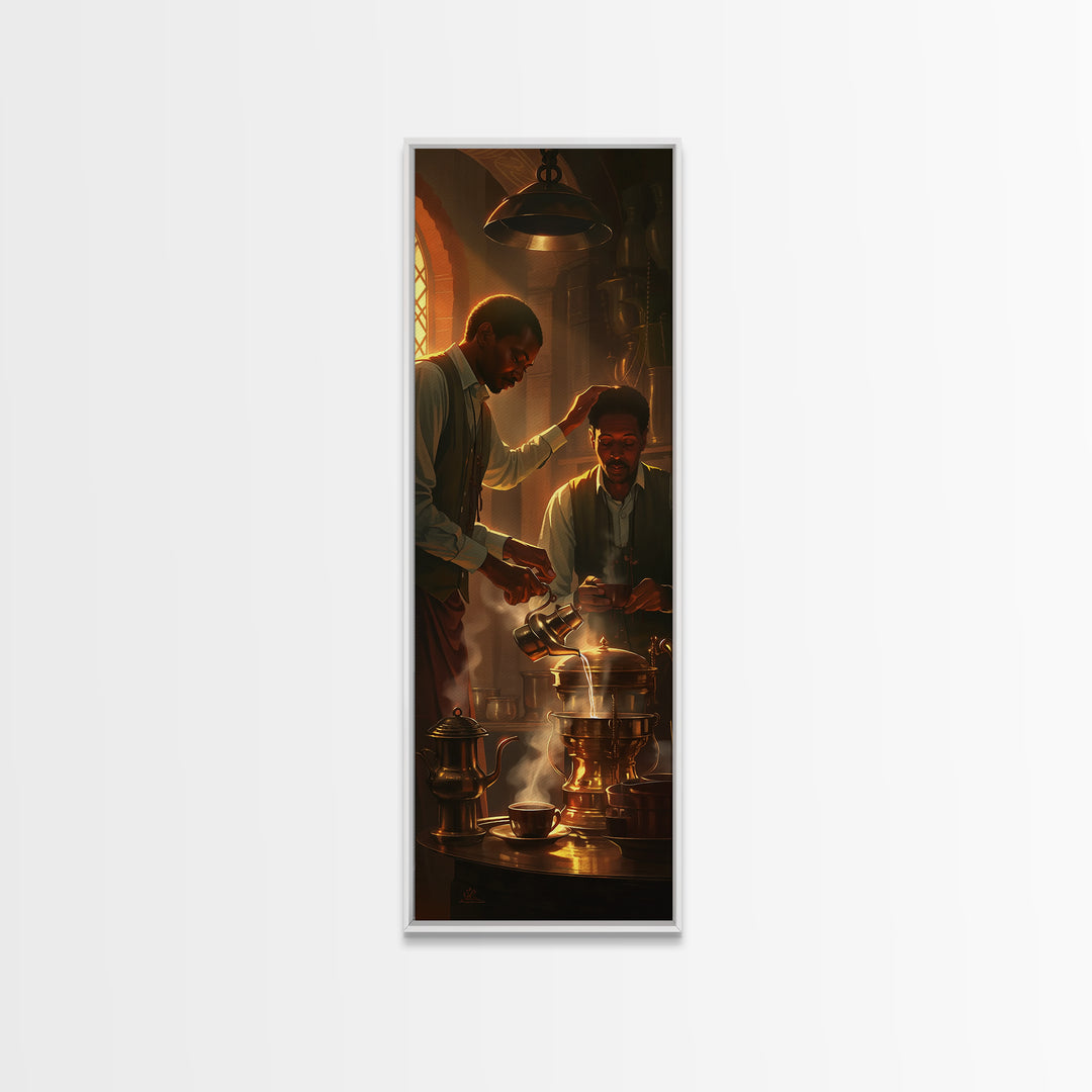 African Men Brewing Tea Canvas Print, Warm Golden Kitchen Light, Black Culture Art, Afrocentric Home Decor For Living Room