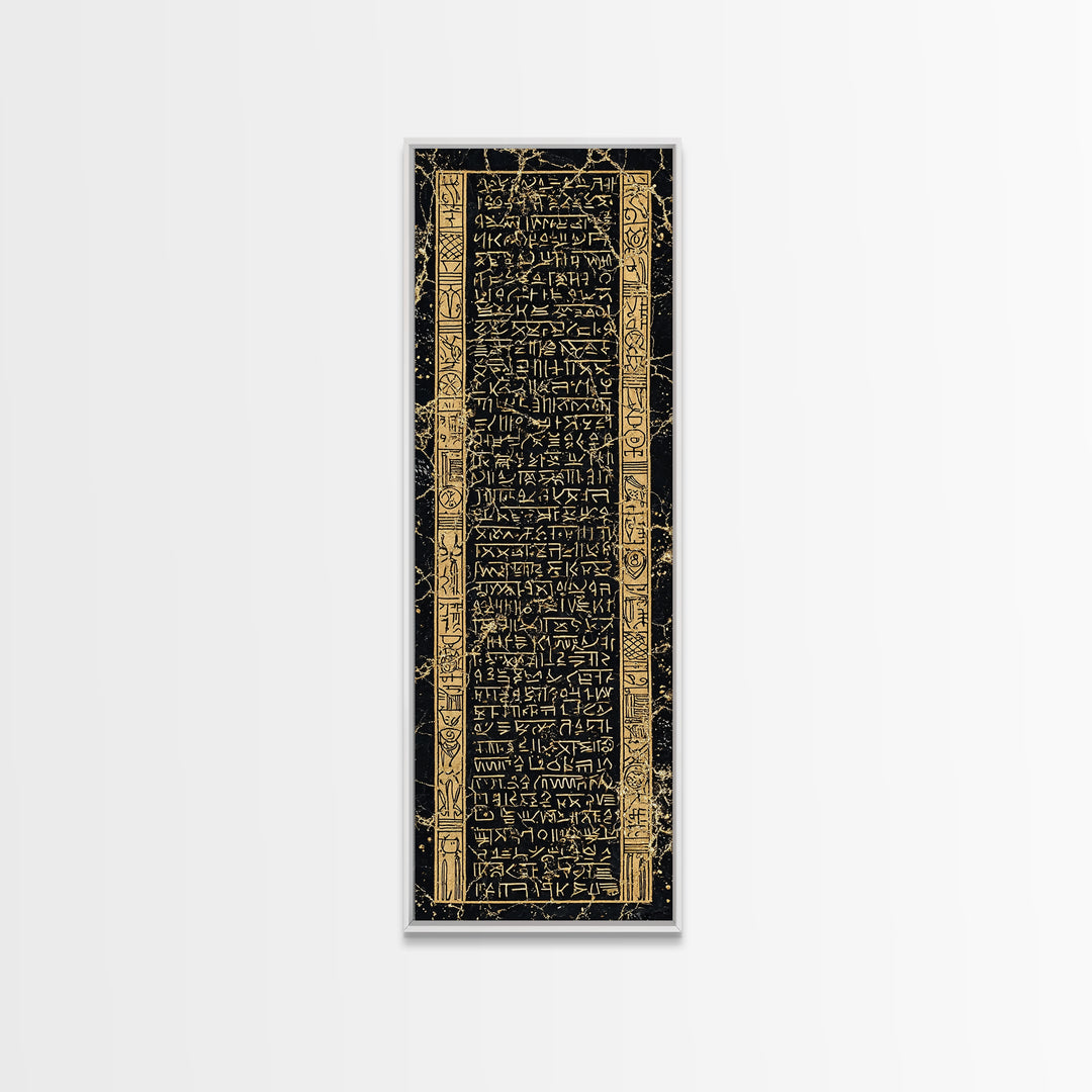 Black And Gold Ancient Glyph Tablet Framed Canvas Print, African Inspired Wall Decor, Tribal Pattern, Cultural Home Decor