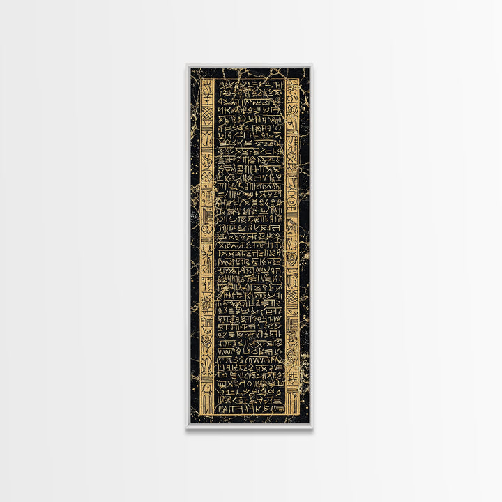 Black And Gold Ancient Glyph Tablet Framed Canvas Print, African Inspired Wall Decor, Tribal Pattern, Cultural Home Decor