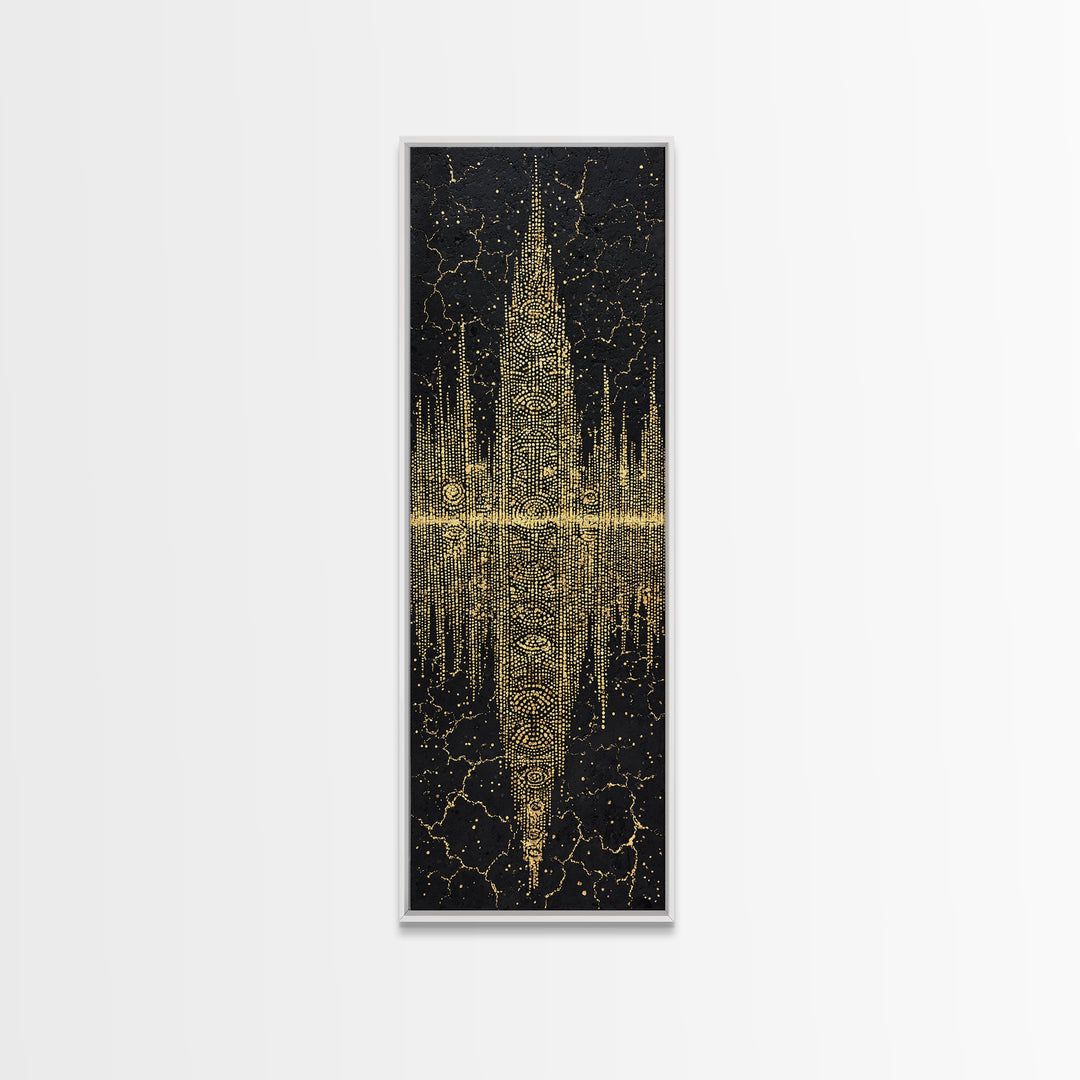 Golden Futuristic Totem Skyline Wall Art, African Abstract Black Gold Decor, Modern Canvas Art, Statement Living Room Print