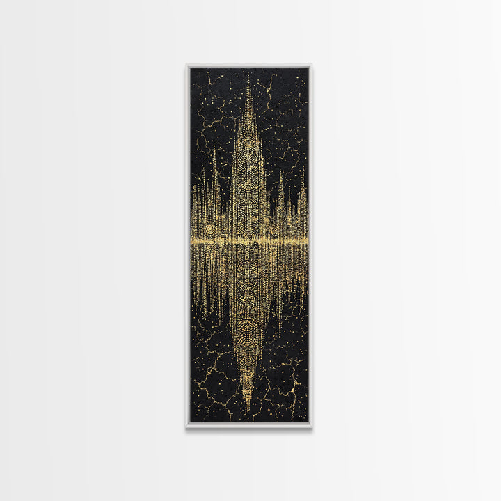 Golden Futuristic Totem Skyline Wall Art, African Abstract Black Gold Decor, Modern Canvas Art, Statement Living Room Print