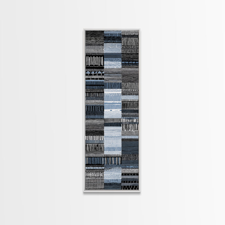 Blue Black Woven Textile Canvas Print, African Fabric Pattern, Minimalist Wall Art, Modern Boho Office And Home Decor Print