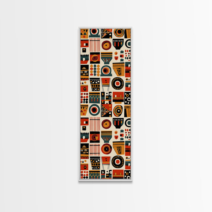 Orange Black African Symbols Wall Art, Tribal Mask Inspired Geometric Pattern, Afrocentric Canvas Print, Bold Home Decor