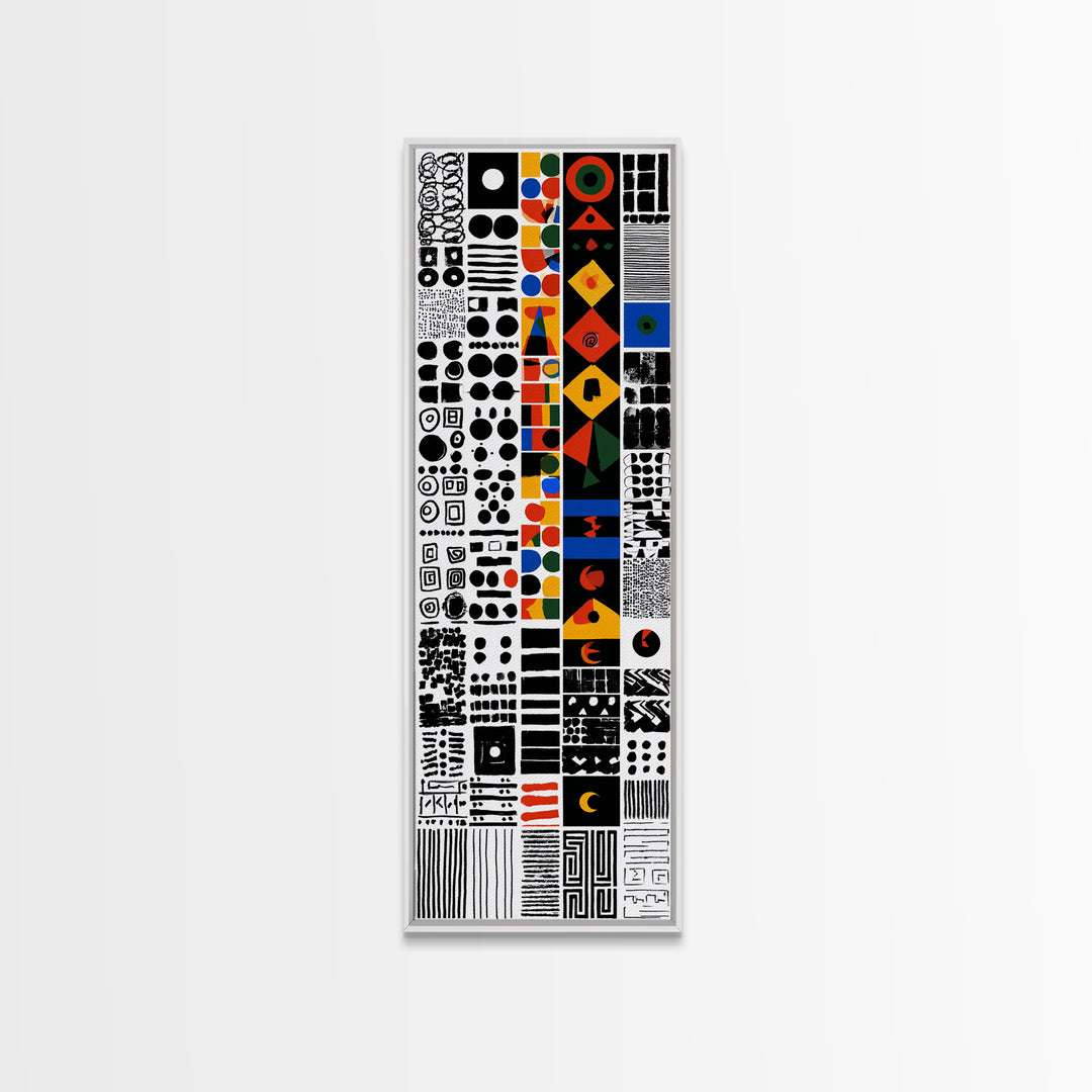 Modern African Geometric Grid Canvas Print, Black White Orange Tribal Symbols, Abstract Wall Art, Bold Cultural Decor Print