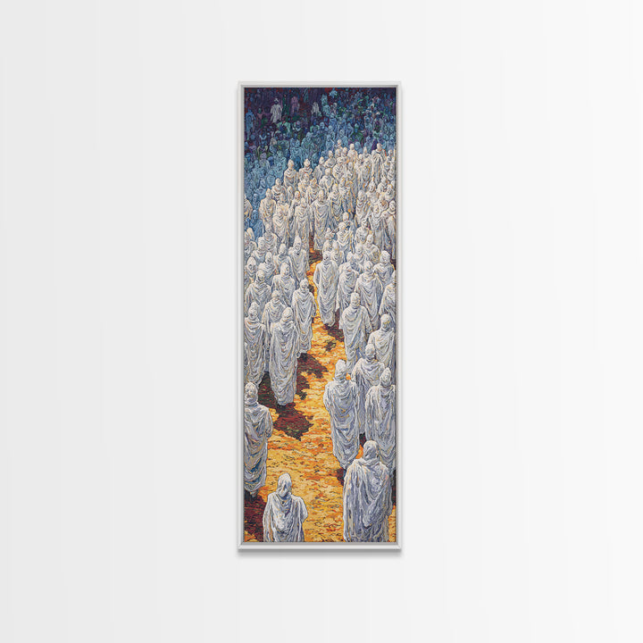 White Robed Procession Through Blue Forest Wall Art, African Spiritual Artwork, Dreamy Cultural Decor, Large Statement Print