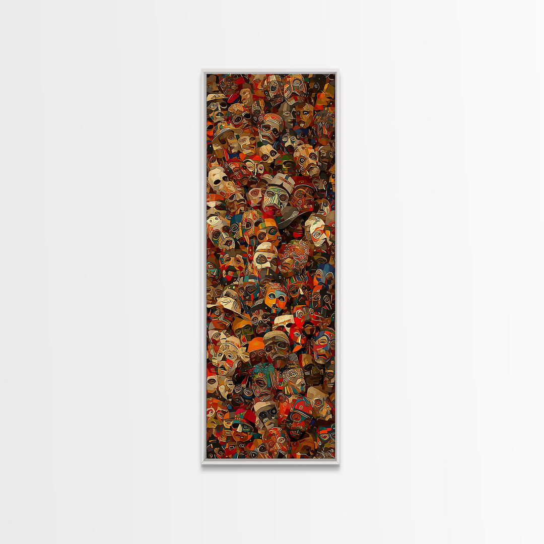 Dense Collage Of African Masks Wall Art, Tribal Faces Canvas, Afrocentric Culture Decor, Maximalist Black Artwork Print For Home