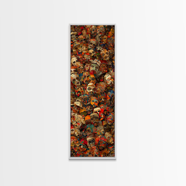 Dense Collage Of African Masks Wall Art, Tribal Faces Canvas, Afrocentric Culture Decor, Maximalist Black Artwork Print For Home