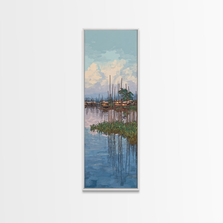 Peaceful African Lake Village Wall Art, Blue Water Landscape Canvas Print, Coastal Home Decor, Serene Travel Art Gift For Living Room