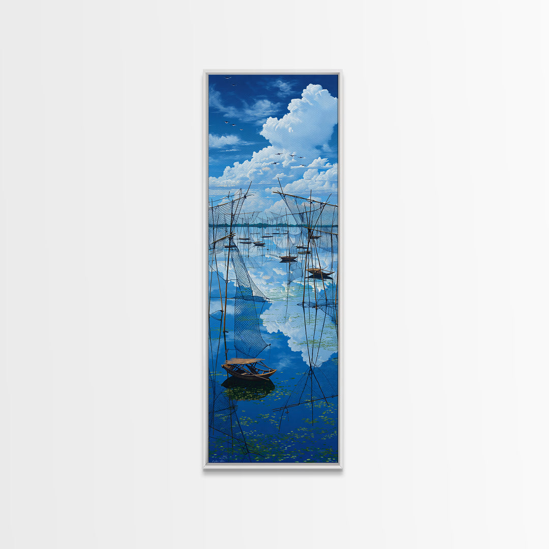 Dramatic Blue Fishing Nets Wall Art, African Lake Canvas Print, Coastal Landscape Decor, Serene Safari Art Gift For Home