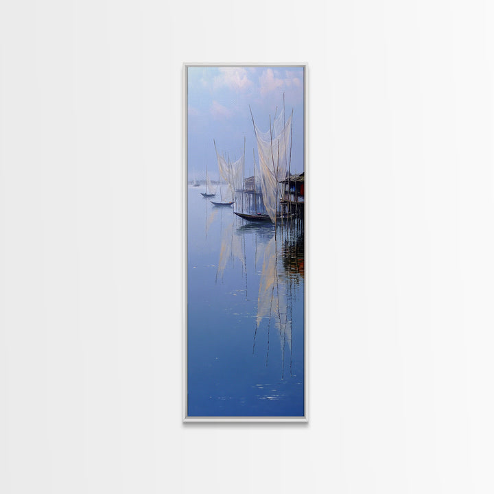 Misty African Fishing Boats Wall Art, Blue Lake Canvas Print, Minimalist Coastal Decor, Serene Water Landscape Gift For Her