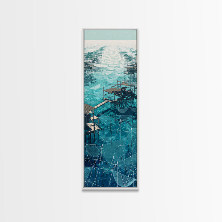 Turquoise African Stilt Village Wall Art, Aerial Lake Canvas Print, Modern Coastal Decor, Fishing Net Landscape Art Gift