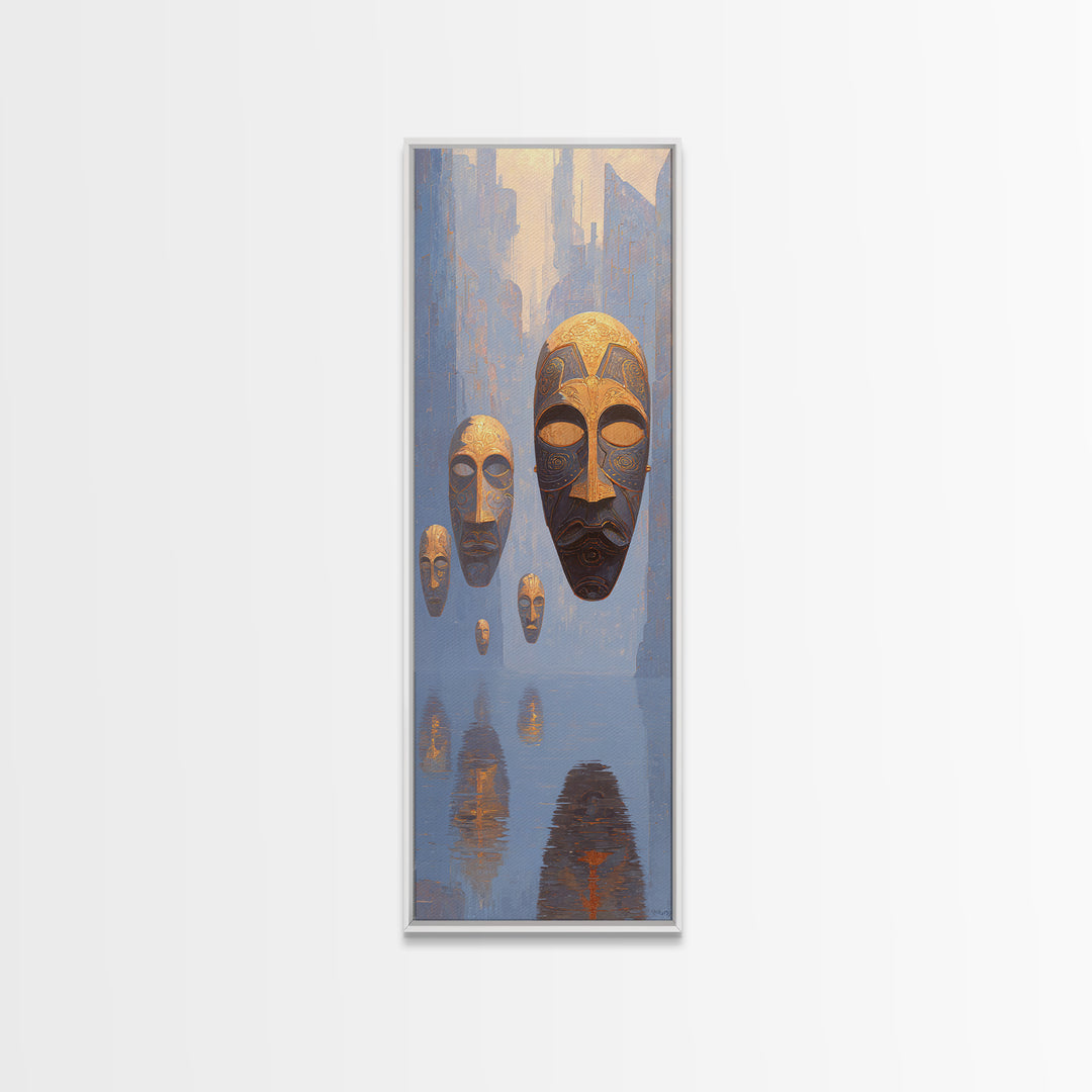 Floating African Mask Spirits Wall Art, Surreal Blue Gold Canvas Print, Afrocentric Tribal Decor, Mystical Culture Art Gift