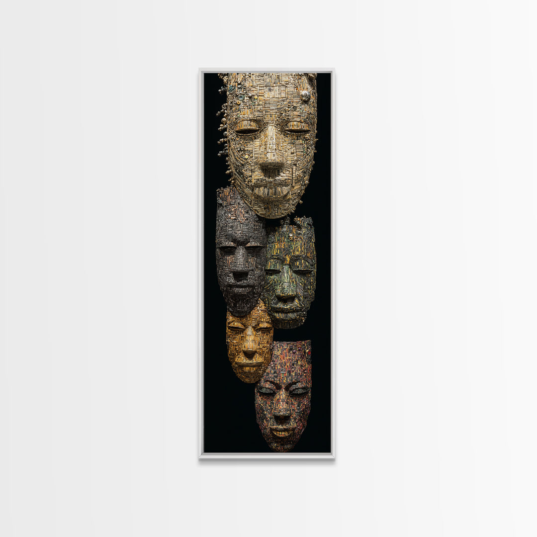 Textured African Mask Portrait Wall Art, Tribal Sculpture Canvas Print, Black Gold Afrocentric Decor, Cultural Artwork Gift